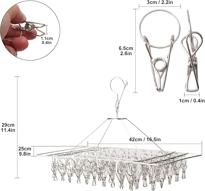 5 Pack 17x10 inch Stainless Steel Drying Rack with 60 Clips, Swivel Sock Drying Rack with Windproof Clips, Stainless Steel Clothes Hanger for Bras, Clothes, Sock & Underwear Towels