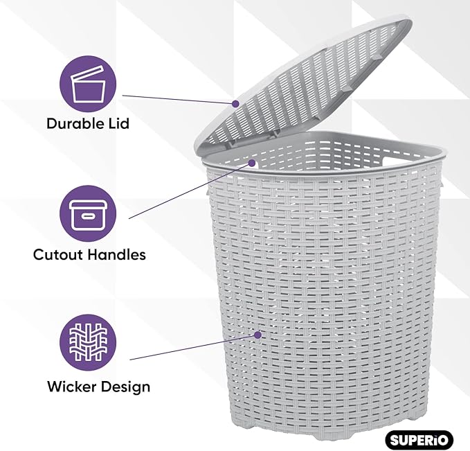 Plastic Corner Laundry Hamper with Lid, Curved Designed Laundry Basket, 2 Pack White Smoke Cloths Hamper Organizer with Cut-out Handles for Laundry Room Bedroom Bathroom, Wicker Design, 50 Liter