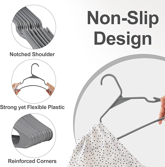 VECELO 50 Pack Plastic Hangers-Non Slip Clothes Hangers Set with Shoulder Grooves for Closet Space Saving-Heavy Duty Hanger for Suit Coat Pants Skirt Dresses