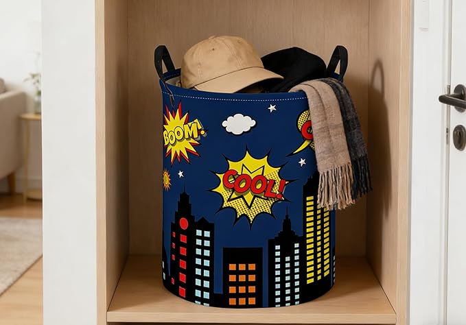 ESSME Kids Laundry Basket,Spider Hamper Collapsible Canvas Waterproof Storage Bin foBoys, Cute Hamper,Gift Baskets(Blue City)