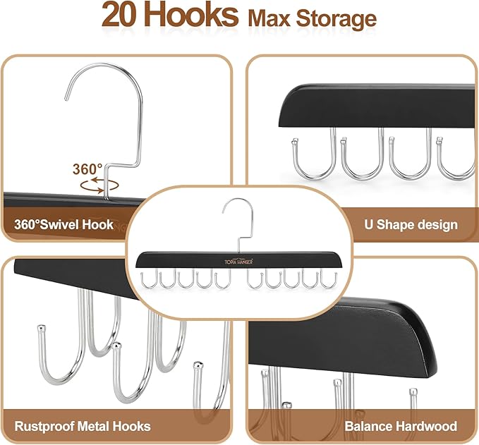 TOPIA HANGER Bra Hanger for Closet, Tank Top Hangers 20 Hooks Capacity Foldable Wood Space Saving Hangers Closet Organizer for Tank Top, Bra, Scarf, Belt, Tie etc - CT46B