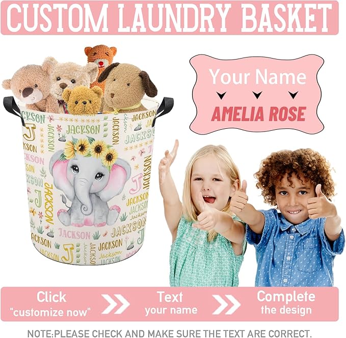 Elephant Laundry Basket,Custom Laundry Hamper with Name,Personalized Elephant Gifts for Boys Girls,Customize Collapsible Laundry Basket for Bedroom Bathroom,S-16.5"x 13.8"