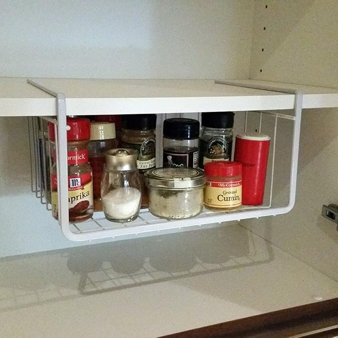 Modern Home Under Shelf Wire Storage Baskets – Hanging Organizer Rack for Cabinet, Pantry, or Closet – White Metal Basket for Kitchen, Towels, or Office – No Tools Required (Set of 2 11")
