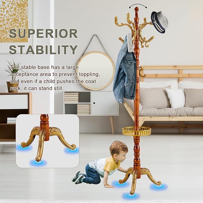 Wooden coat rack stand, Heavy duty coat racks tree freestanding with 11 Hooks and storage basket, Coat tree for jacket, Hats, Bags, Purses, clothes (Triangular base-Begonia 1)