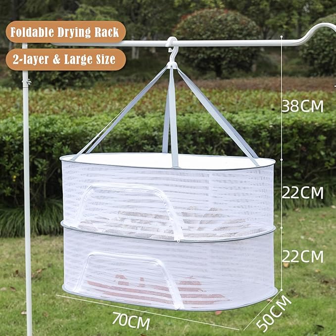 Foldable Drying Rack Basket Dryer Net Hanging Mesh Net with Zippers for Fruits,Seeds,Vegetables,Fish or Clothes,Doll (2 Layer)