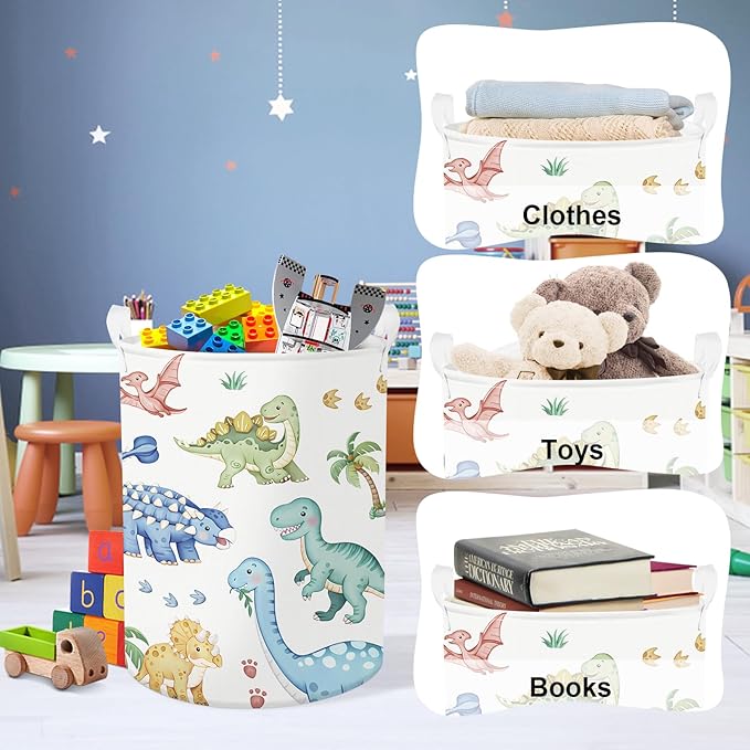 Clastyle Boho Dinosaur Laundry Basket Palm Tree Kids Clothes Book Storage Basket Gift Toy Box for Bedroom Decor,Pterosaur,36x45 cm