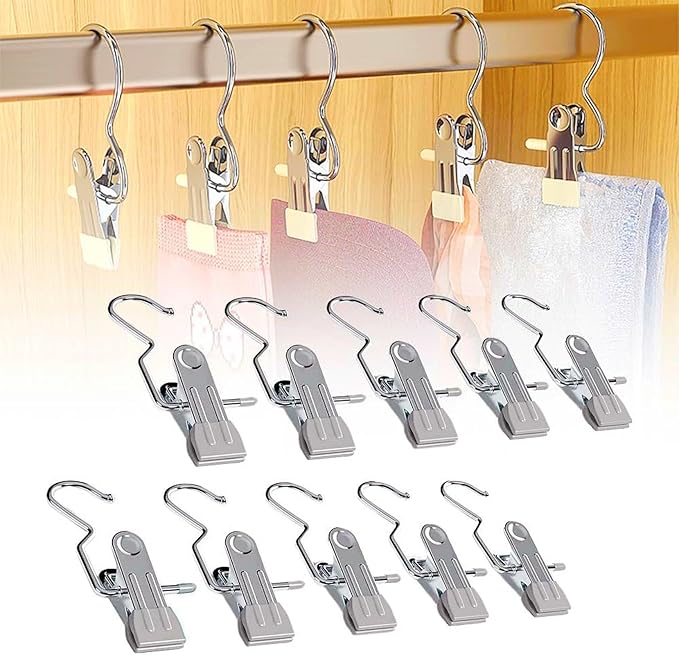 2024 New Space-Saving Clothespin Hat Pants Storage Hanging Travel Hook, 360° Swivel Stainless Steel Hangers with Clips, Laundry Hooks Hanging Clips Clothes Pins Socks Towel Clips (E-Grey 10PCS)