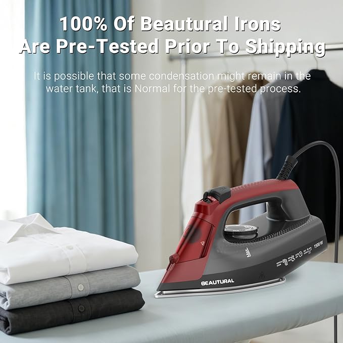BEAUTURAL Steam Iron for Clothes, Ceramic-Coated Soleplate with Burst Steam, 3-Way Auto Shutoff, Anti-Drip and Anti-Calc, Self-Cleaning, 1500W Powerful for Home Use