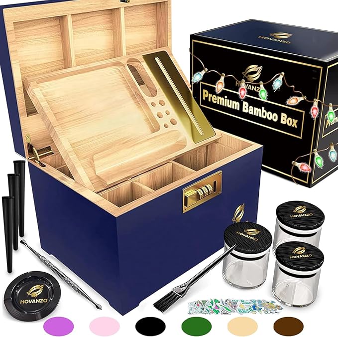 HOVANZO Premium Large Bamboo Storage Box with Removable Tray - Storage Wood Box for Herbs and Accessories - Storage Box Set with Combination Lock - Smell Proof Container with Accessories