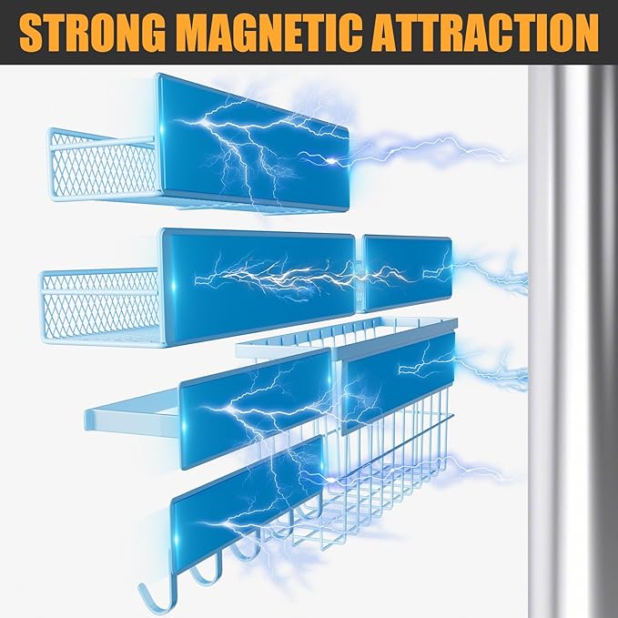 6-Pack Magnetic Shelves for Washing Machine & Refrigerator, Heavy-Duty Laundry Organizer with Hanger Holder & Deep Baskets, Metal Storage System for Laundry Room (Blue)