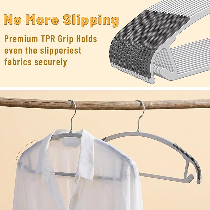 Arc Design No Shoulder Bump Plastic Hangers 50 Pack,Ultra Thin Non-Slip Hangers for Clothes,Heavy Duty Coats Hangers,360°Swivel Silver Hook,Space Saving Closet Organizer for Suit,Sweater,Jackets(grey)