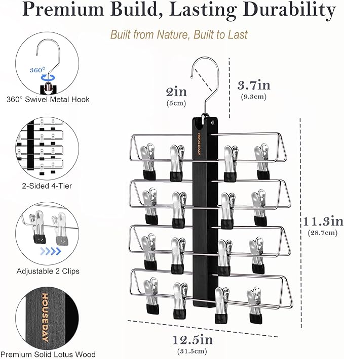 HOUSE DAY Skirt Hangers Space Saving 1 Pack, Double Row 4-Tier Non-Slip Hangers with Clips for Skirts, Shorts, and Pants - Lotus Wood Clip Hanger for Women - Closet Organizers and Storage (Black)