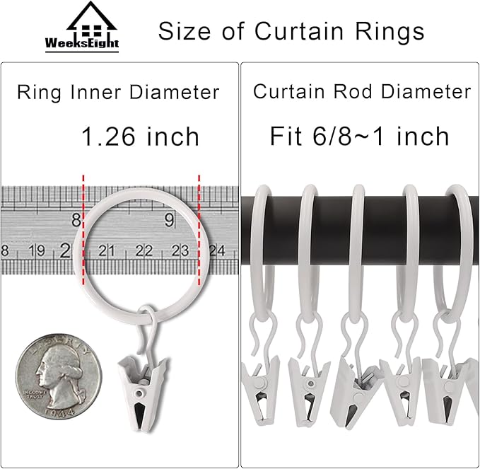 40 Pack White Curtain Rings with Clips, Curtain Hooks Hangers Clip Rings for Hanging Drapes Bows Hat, Drapery Rings 1.26 in I D, Fits up to 1 in Diameter Curtain Rod.
