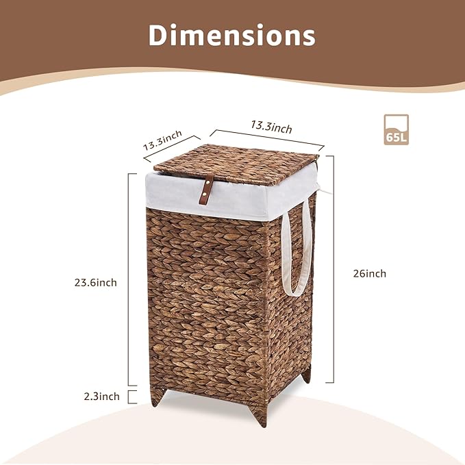 Handwoven Laundry Hamper with Lid, Natural Hyacinth Heightened Feet Laundry Basket, Wicker Clothes Hamper with Removable Liner Bag (Espresso-A, 65L)