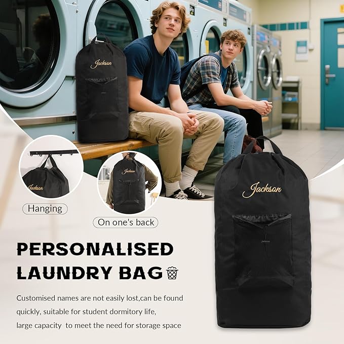 Personalized Name Laundry Backpack Custom Laundry Bag College Dorm Room Essentials for Girls Guys Dirty Clothes Travel Laundry Bags with Embroidery Name 21.73" Wx28.74 H