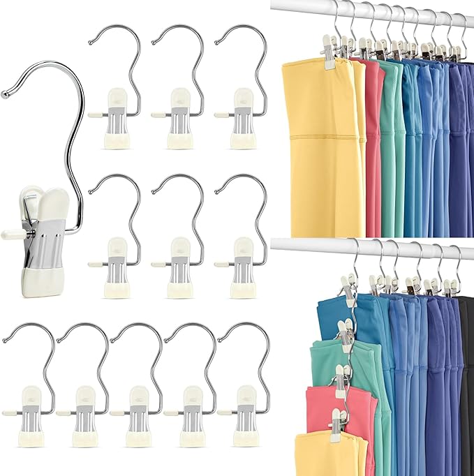 HOUSE DAY Legging and Yoga Pants Hangers with Clips 20 Pack, Closet Organizer Clips, Space Saving Hanging Clips for Hat, Bag, and Home Storage - Ivory