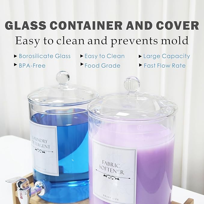 Glass Laundry Detergent Dispenser 2 Pack Soap Cloth Softener Dispenser with Bamboo Stand Measuring Cup Spigots Label Laundry Room Bathroom Countertop Glass Dispenser Set for Fabric Care Large Capacity