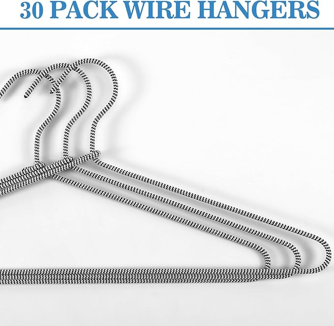 30 Pcs Fabric Wrapped Metal Hangers Covered Wire Hanger Metal Coat Hangers Non Slip for Clothes Closet Clothing Suit Shirt Pant (Black and White Stripe)
