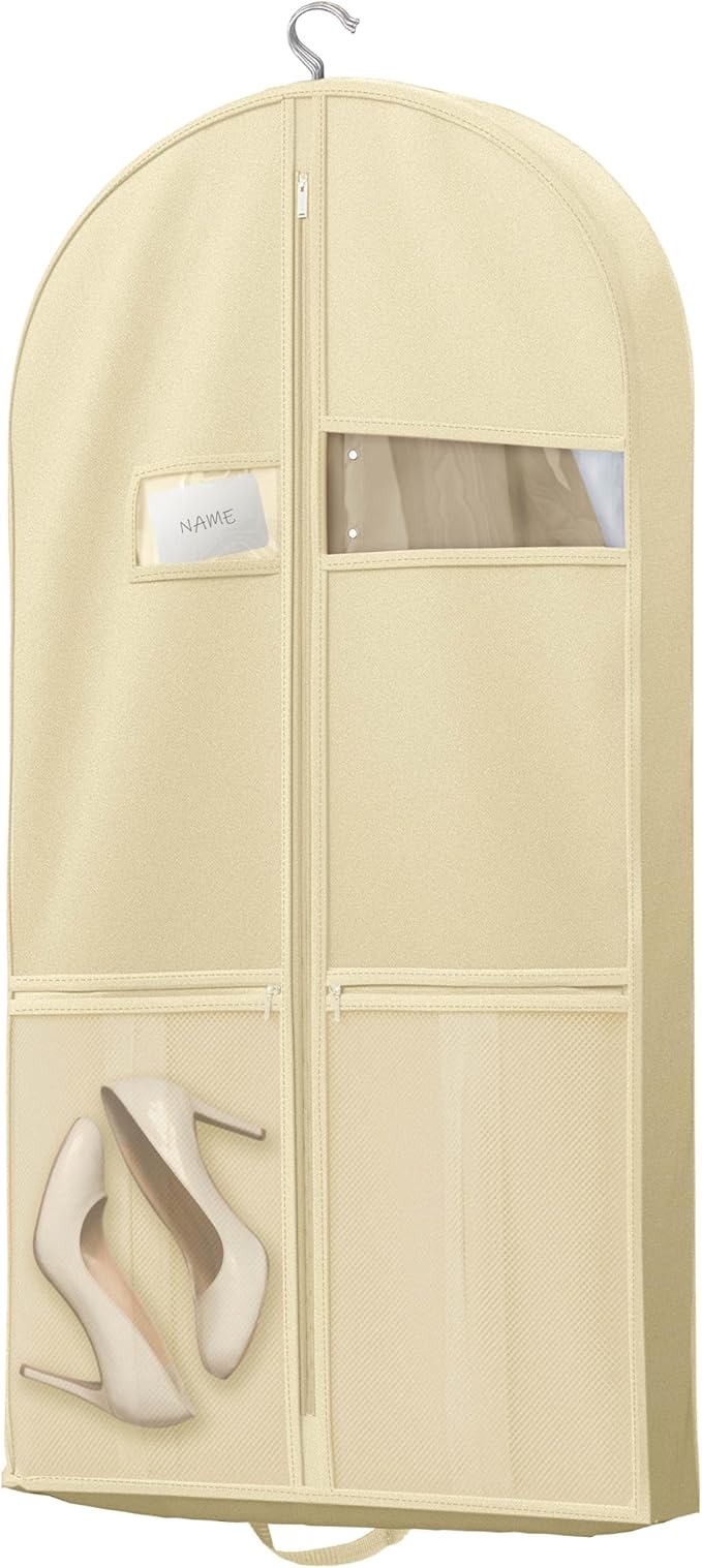 43" Travel Garment Bag with Accessories Zipper Pocket, Heavy Duty Suit Bag for Suits, Tuxedos, Dresses, Coats, Beige, 1 pack