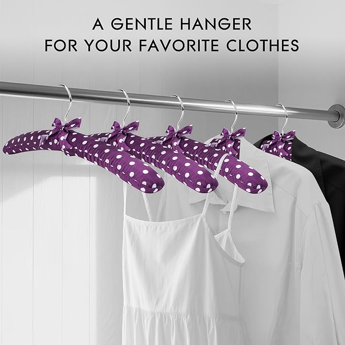 Women's Satin Padded Hangers - 15" Foam-Filled Wooden Clothes Hangers with No Shoulder Bumps, Bow Accent, for Sweaters, Blouses, Dresses - 5 Pack (Purple Polka Dot)
