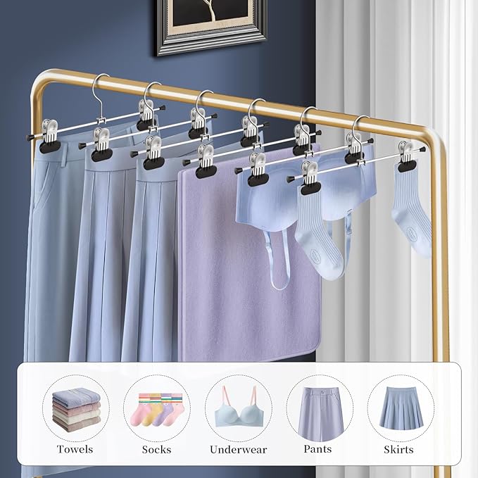 14Inch Pants Hangers with Wide Clips 50 Pack Adjustable Skirt Hangers for Women Non-Slip Clothes Hanger for Pants Heavy Duty Space Saving Trousers Hanger for Jeans,Shorts Black