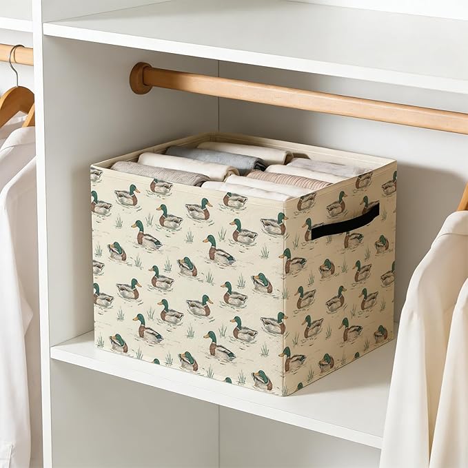 Vintage Mallard Duck Storage Bin Box with Handles, Rustic Pond Mallard Duck Foldable Baskets Organizer for Kids Room Nursery Bedroom Bathroom Clothes Toys Books, Toybox for Boys