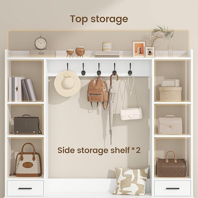 61.6" H White Hall Tree with Bench and Shoe Storage, 6-in-1 Multi-Functional Entryway Bench with 2 Drawers, 5 Coat Racks, Shoe Rack with 13 Shoe Cubbies, Entryway Storage Organizer, White