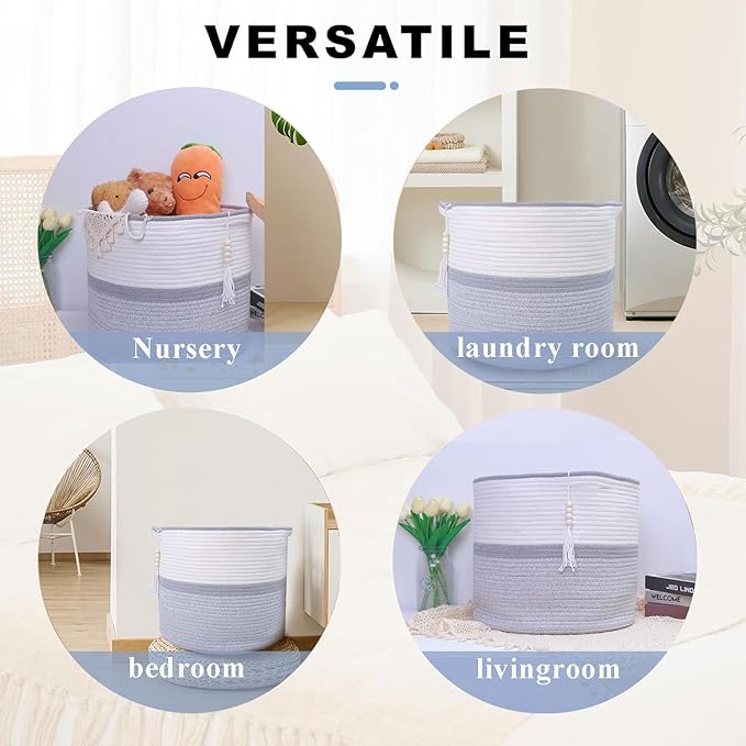 Large Woven Rope Laundry Hamper, Cotton Rope Storage Basket with Handles, Multipurpose Storage Basket for Laundry, Toys, Blankets in Bedroom, Bathroom, Living Room - Stylish & Durable (Grey, 55L)