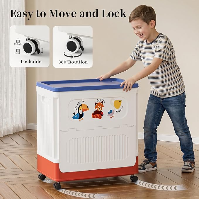 HAIXIN HOME 60L Cute Laundry Hamper, Slim Rolling Laundry Hamper with Lid, Dirty Clothes Hamper Cart with Handle for Bedroom, Bathroom, Closet, Dorm, Blue Lid, White Body and Red Base - Tricolor