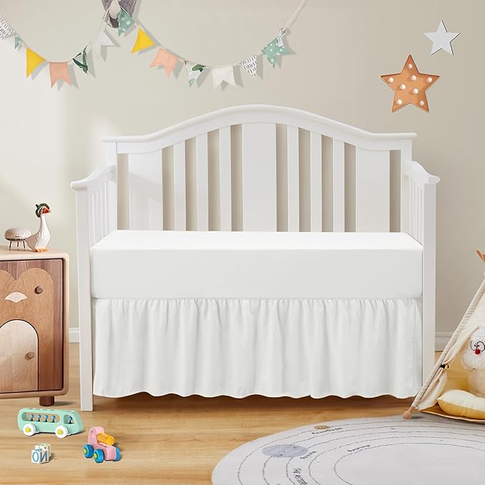 SiinvdaBZX 2-Piece Set Ruffled Crib Skirt & Microfiber Crib Sheet, Fit for Baby Standard Crib & Nursery Toddler Bedding, 52"x28" + Adjustable Elastic 14" Drop (White)