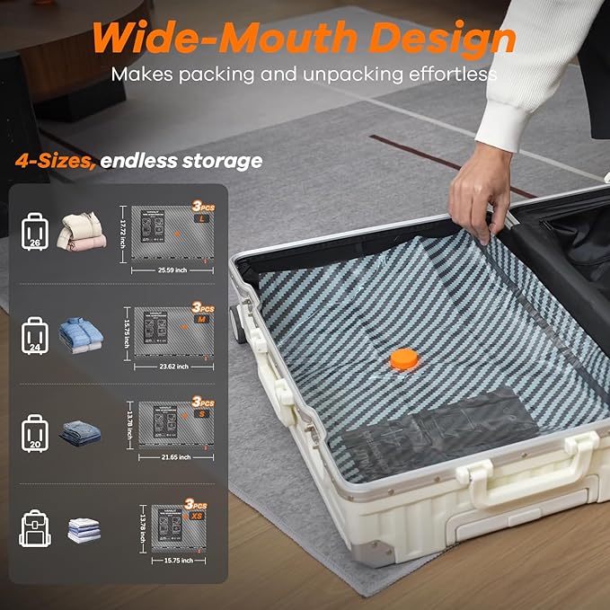 Travel Vacuum Storage Bags with Wireless Rechargeable Electric Pump, 12 Pack Travel Essentials Vacuum Seal Bags for Clothing, Space Saver Compression Packing Bags for Luggage, Suitcase, Backpack, Home