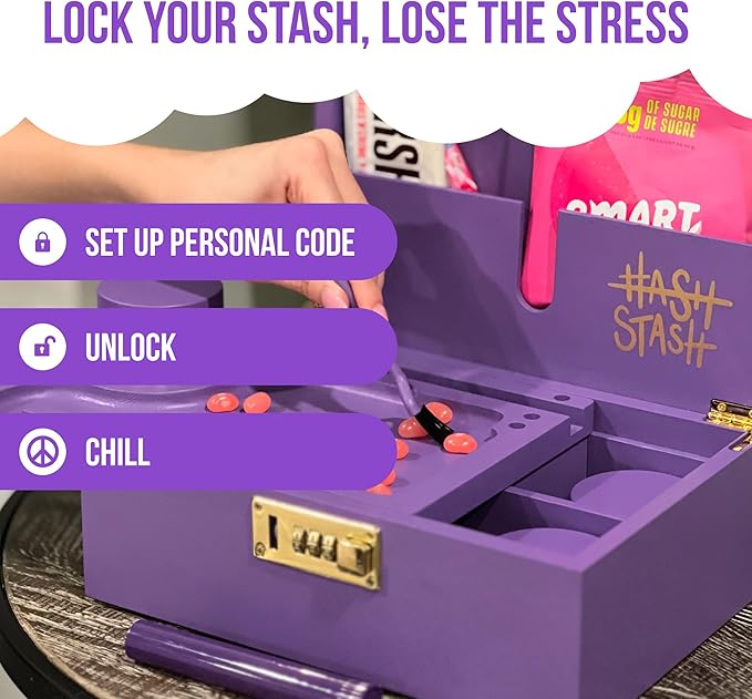 The OG Stash Storage Box - Large Bamboo with Combination Lock, Magnetic Lid, Organizer Tray, 3 Jars and Brush - Portable Decorative Wooden Lock Box Kit with Accessories (Purple/Gold)