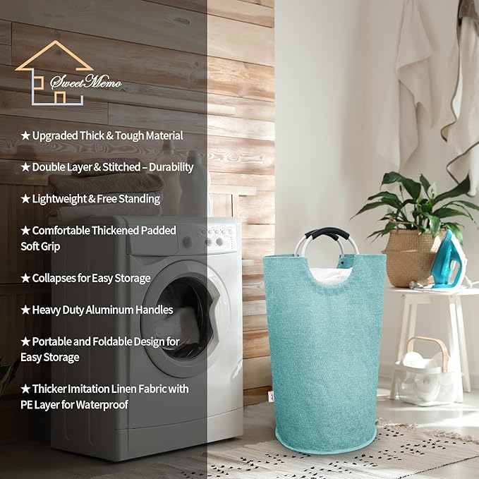 Medium Laundry Hamper Bag, 82L Collapsible Tall Laundry Basket, Double Layer Fabric, Full-Ring Aluminum Handles, Stands Upright, Heavy Duty Clothes Hamper for Bedroom Dorm, Light Blue