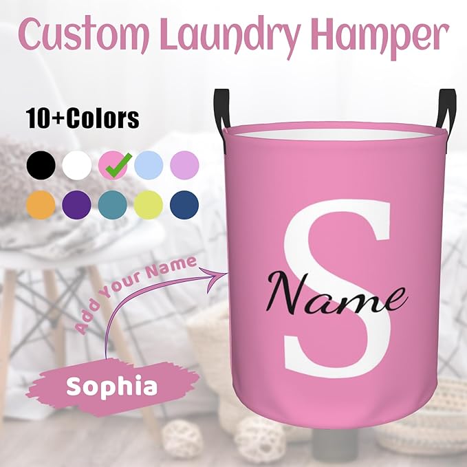 Custom Name Laundry Hamper, Personalized Laundry Basket with Name, Customized Dirty Clothes Storage Basket with Handles for Boys Girls Men Women Bedroom Bathroom (L)