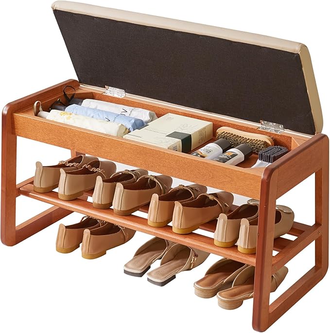 Wood Shoe Bench with Flip-Top Storage, 2-Tier Entryway Shoe Bench, 31.5in Shoe Rack with Cushion for Living Room, Cherry Wood Color YD-WD061C
