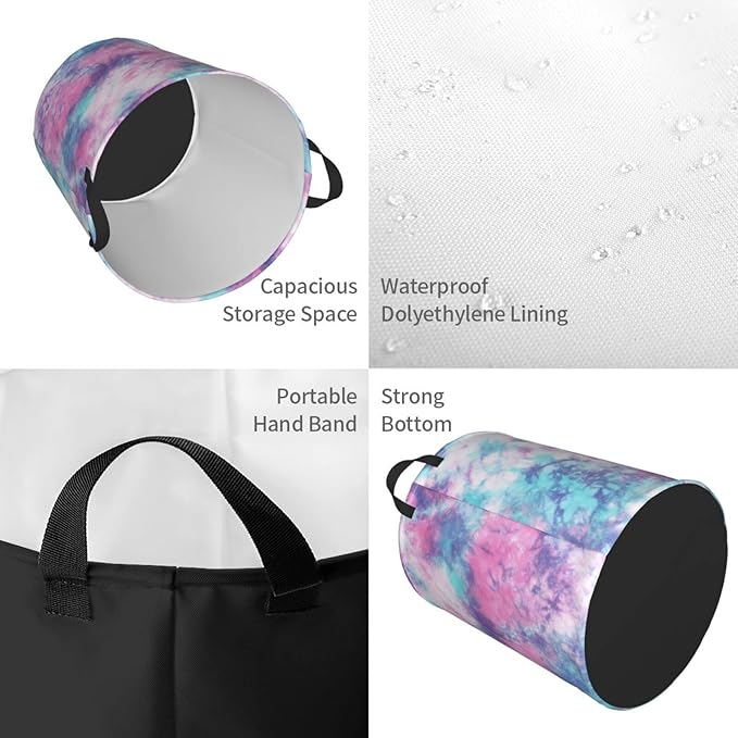 Dujiea Pastel Blue Pink Tie Dye Laundry Basket Round with Handle, Collapsible Foldable Canvas Storage Bin Dirty Clothes Bag for Laundry/Toys Organizer/College Dorm/Nursery/Decor(2 Sizes)
