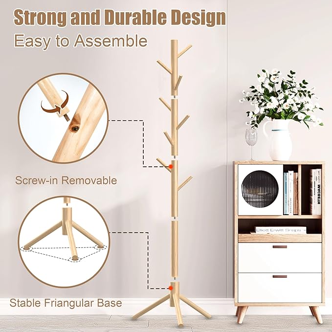 Wooden Coat Rack Stand, Freestanding Coat Rack with 8 Hooks, 3 Adjustable Size Coat Tree for Hats, Coats, Scarves bags, Coat Hanger Stand Used in Bedroom/Office/Entryway,2 PCS (Natural)