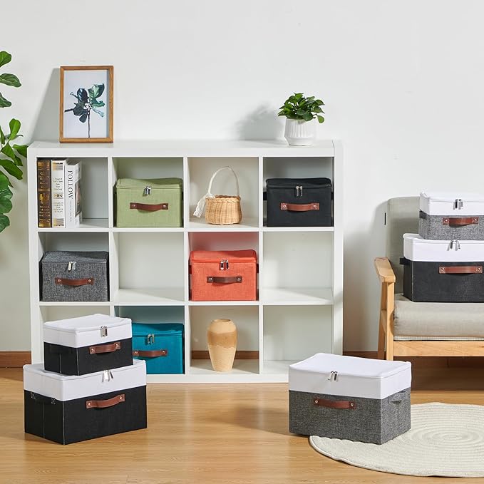 Storage Boxes with Zipper Lid Cotton Linen Fabric Lidded Storage Bins Baskets Foldable Washable Closet Shelf Clothes Organizer Container Faux Leather Handles (Gray White, Small)