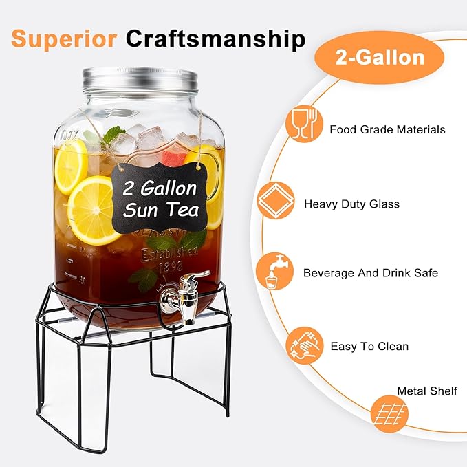 2 Gallon Glass Drink Dispensers For Parties,Beverage Dispenser with Stand,Fruit Infuser,Mason Jar Water Dispenser for Juice/Tea,Lemonade Dispenser for Parties,BPA Free Clear Water Pitcher with Spigot