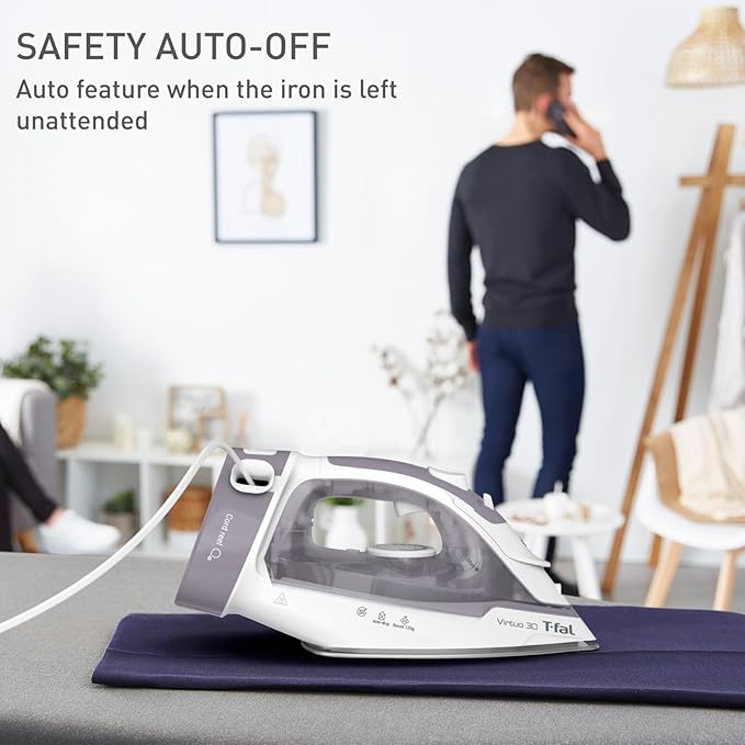 T-Fal Virtuo Steam Iron for Clothes with Retractable Cord, Portable Iron and Steamer for Clothes, Ceramic Nonstick Soleplate, 1500 Watts, Anti-Drip, Auto-Off, Scratch Resistant, Grey