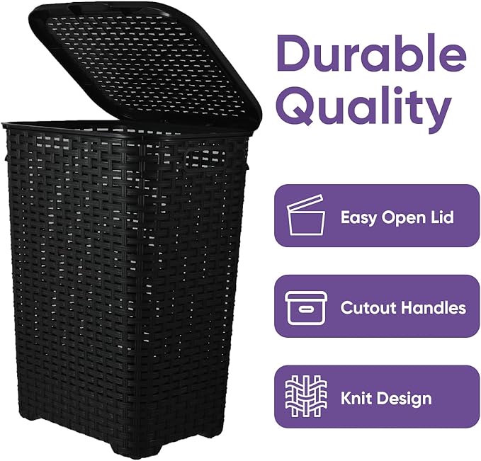 Plastic Laundry Hamper with Lid 3 Pack Laundry Hamper Basket, Black Tall Cloths Hamper Organizer with Cut-out Handles. Space Saving for Laundry Room Bedroom Bathroom, Wicker Design 60 Liter