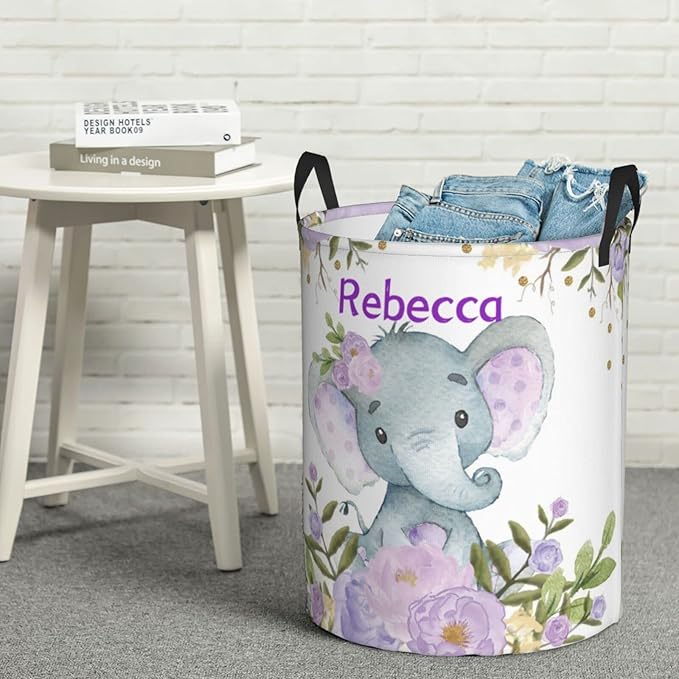 Purple Floral Elephant Personalized Laundry Hamper Custom with Name Collapsible Waterproof Storage Basket with Handles for Bedroom Clothes Toys.
