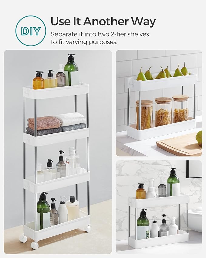 SONGMICS Slim Storage Cart, 4-Tier Rolling Cart, Narrow Utility Cart on Wheels, 6 Hooks, 360° Swivel Wheels, Lockable, Steel Frame, Bathroom, Kitchen, Office, Cloud White UKSC08WT