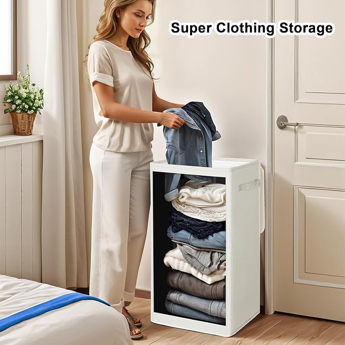 Odonata 75L Slim Laundry Hamper with Lid,Large Foldable Laundry Basket with Removable Bag and Handles Tall Collapsible Dirty Clothes Basket Great for Bedroom, Bathroom, Dorm, College,RV. (Beige, 75L)