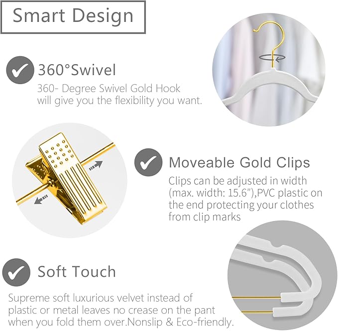 MIZGI Premium Velvet Pants Hangers with Adjustable Clips (Pack of 10) Slim Skirt Hangers- Non Slip Felt Outfit Dress Hangers White - Gold Hooks,Space Saving Shirt Clothes Hangers