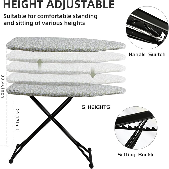 Ironing Board Adjustable Height Folding Ironing Board with Iron Pad, Heat-Resistant Cover, Thick Steel Tube Compact Iron Board (Flower)