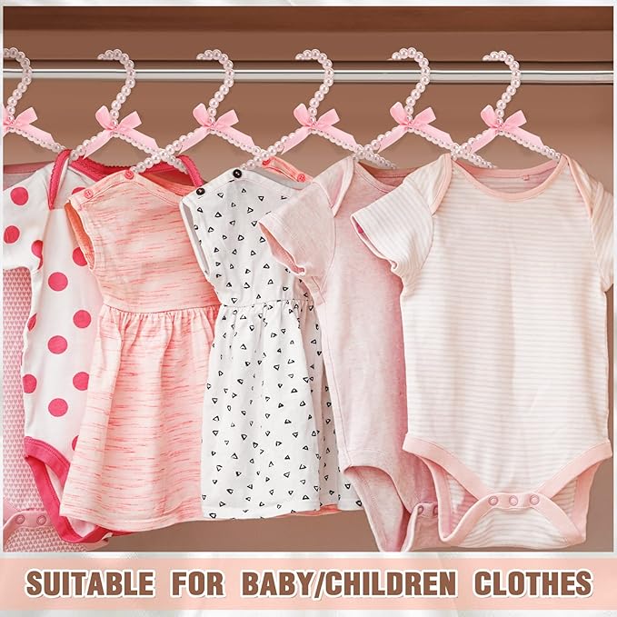 Threan Pink 24 Pcs Pearl Beaded Clothes Hanger Mini Pearl Beads Small Metal Clothes Hangers with Ribbon Standard for Kids Baby Children Pet Dog