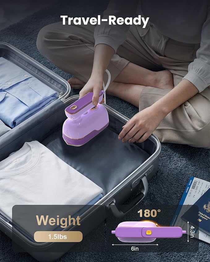 Travel Steamer Iron for Clothes, Portable Handheld Garment Steamer with 6 Smart Modes, Strong Penetrating Steam, 180° Rotatable Handle, 150ml Large Tank for Home & Travel (purple)