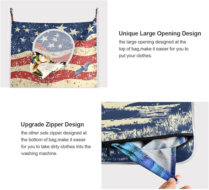 July 4th Flags Mountains Blue Door Hanging Laundry Hamper Bag with Free Adjustable Stainless Steel Hooks Dirty Clothes Hamper Extra Large Over the Door Laundry Hamper 29.5X20inch 2Pack