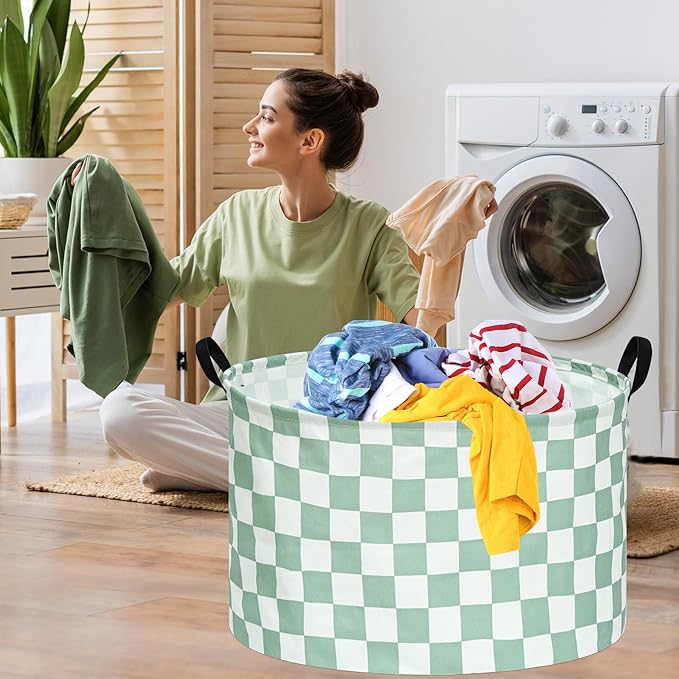 Sage Checkered Storage Basket Extra Large 80L Kids Hamper Baby Laundry Basket Waterproof Toys Car Organizer Collapsible Canvas for Home/Dorm/Pet/Office/Closet/Shelf/Gift Baskets